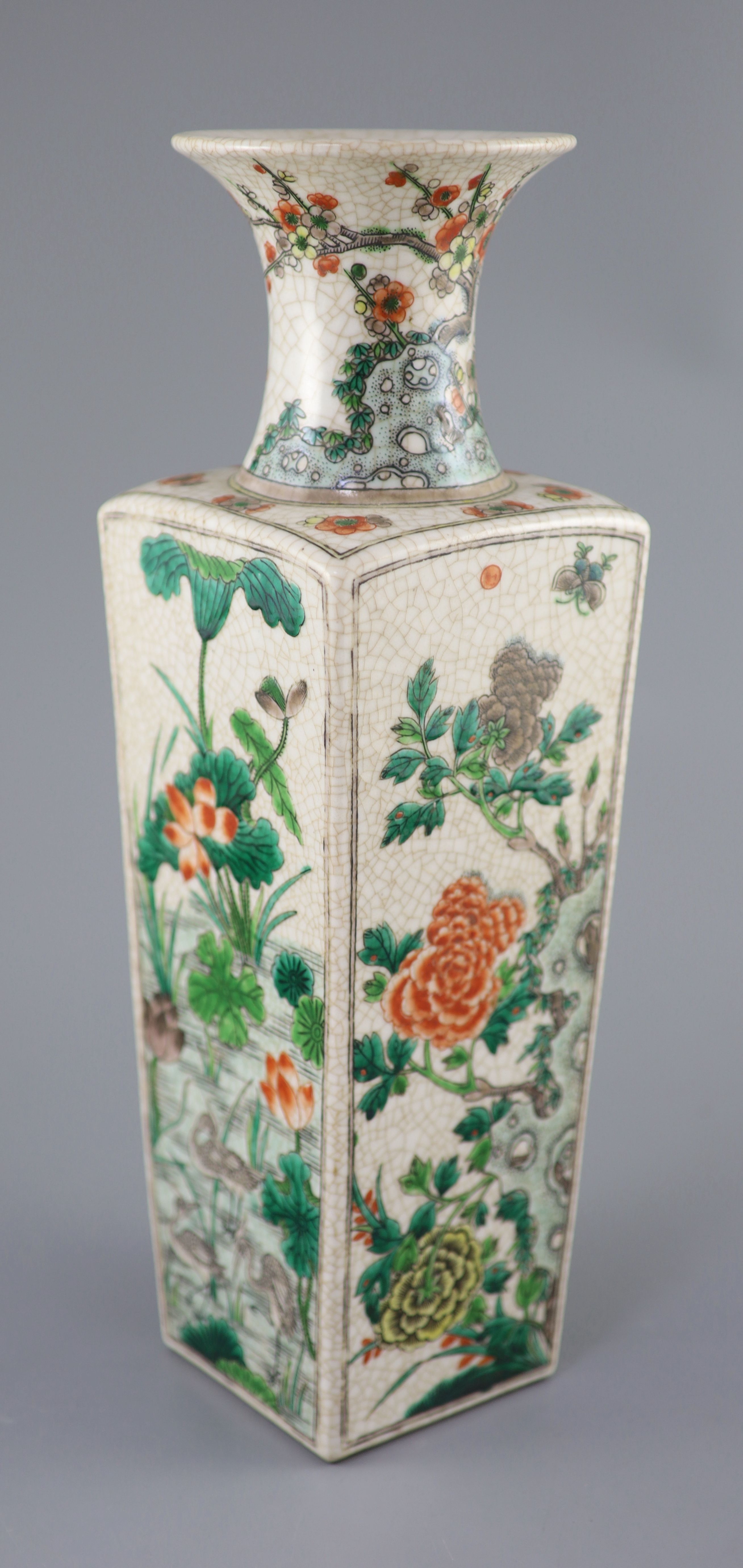 A Chinese famille verte crackle glaze square vase, late 19th century, 40cm high